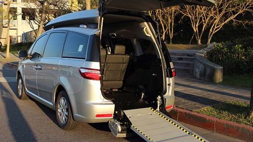 公園の近くに車椅子対応のバンが駐車しています
